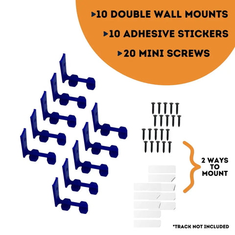 Image shows 10 blue Chatelet Manufacturing Racetrack Wall Connectors, 10 adhesive stickers, and 20 mini screws—mount with screws or adhesive. Compatible with Hot Wheels tracks. Track not included. Made in USA. White background.