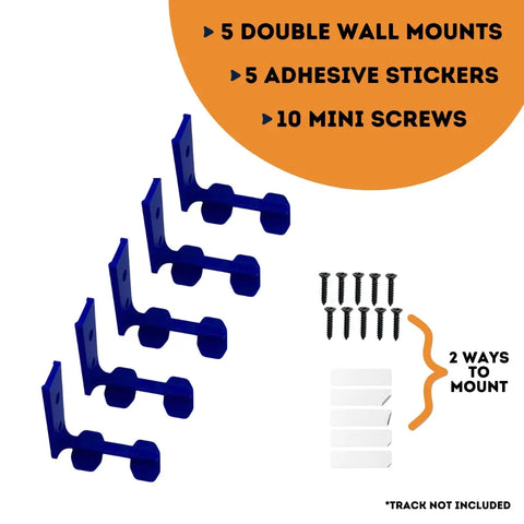 Image features five blue Racetrack Wall Connectors by Chatelet Manufacturing, five adhesive stickers, and ten mini screws—ideal for mounting Hot Wheels tracks (not included) with adhesive or screws. All items shown on a white background.