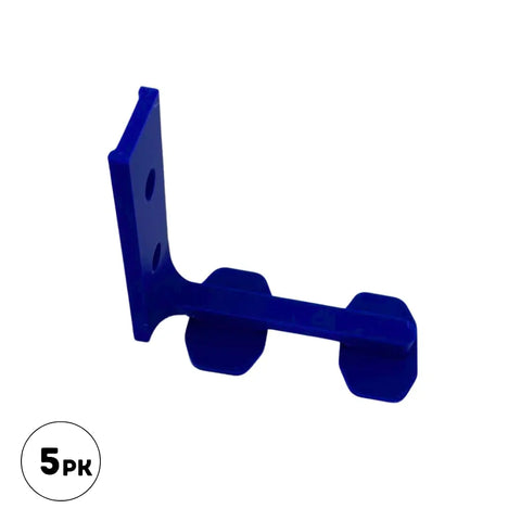A blue L-shaped plastic bracket by Chatelet Manufacturing, designed for Racetrack Wall Connectors compatible with Hot Wheels tracks. Features two vertical holes, two hex pads at the base, and comes in a 5 PK—perfect for epic racetrack setups. Made in USA.