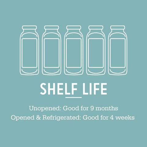 Illustration of five outlined bottles above text reading SHELF LIFE. Below: Unopened: Good for 9 months. Opened & Refrigerated: Good for 4 weeks. Simple Times Mixers Raspberry Mule is perfect for your mule or any cocktail mixer. Light blue background.