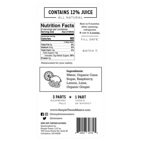 The Raspberry Mule mixer by Simple Times Mixers features “Contains 12% Juice,” cold-pressed raspberries, nutrition facts, ingredients, serving tips, storage info, social media icons, barcode, and company contact details on its label.