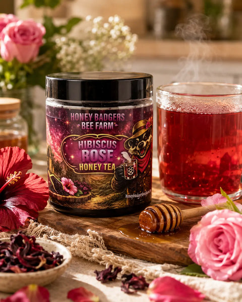 Raw Hibiscus Rose Honey Blend 12oz – Floral Infused Artisanal Honey | Made in USA Honey Badgers Bee Farm  All natural Tea