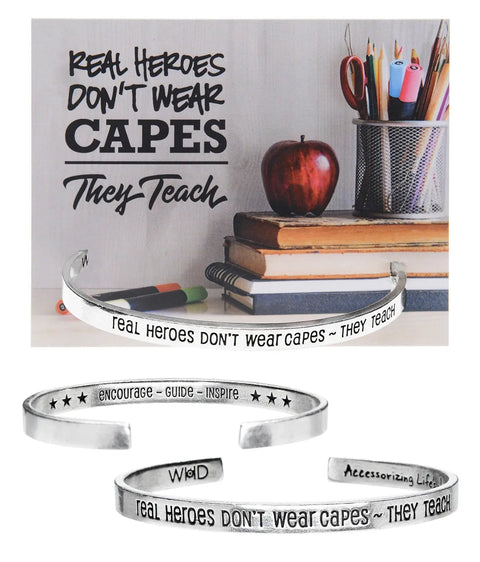 Real Heroes Don’t Wear Capes Inspirational Teacher Cuff Bracelet – Adjustable Eco-Friendly Pewter | Made in USA Whitney Howard Designs  Cuff Bracelets