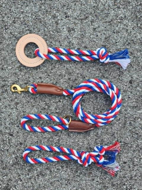 Red White Blue Dog Toy and Leash Set – Natural Cotton Tug Toys with Leather Accents | Made in USA Handcrafted Auburn Leathercrafters  item