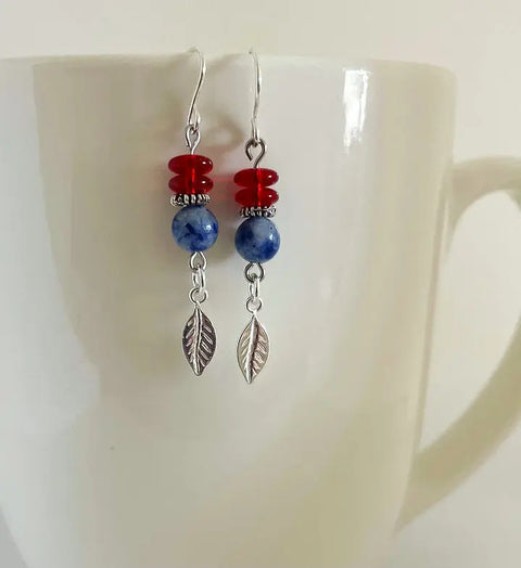 Red White Blue Leaf Dangle Earrings Liberty Cottage Design 
