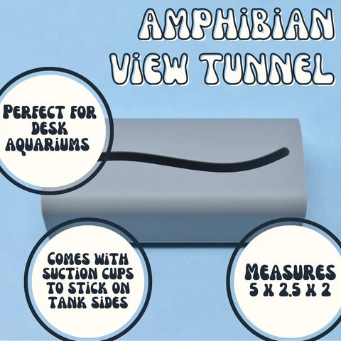 The Chatelet REEFSHAPE amphibian tunnel by Chatelet Manufacturing is a gray viewing tunnel (5 x 2.5 x 2 in) with a wavy opening and suction cups, designed as an aquarium accessory for desk tanks. Made in the USA, shown on a blue background.