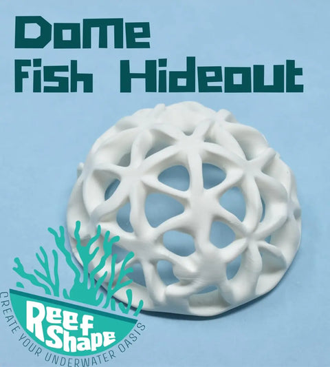 A white, dome-shaped lattice hideout from Chatelet Manufacturing sits on blue. Bold text: Chatelet REEFSHAPE - Dome Fish or Shrimp Aquarium Hideout. Logo: Reef Shape—Create Your Underwater Oasis with a coral graphic. Perfect for fish and shrimp.