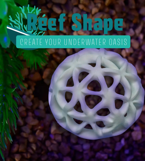 A white, spherical Chatelet REEFSHAPE hideout from Chatelet Manufacturing sits on brown pebbles near green plants—perfect decor and shelter for fish or shrimp. Text above reads: Reef Shape – Create your underwater oasis with a coral graphic.