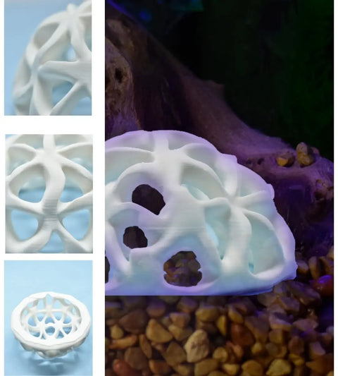 Chatelet Manufacturing’s REEFSHAPE Dome Fish or Shrimp Aquarium Hideout, a white 3D-printed decor with interlocking shapes, is displayed from various angles in an aquarium with rocks and wood in the background. Made in the USA.