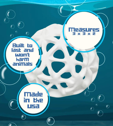 A white, geometric Chatelet REEFSHAPE Dome by Chatelet Manufacturing floats underwater with text: 3x3x2, durable, pet-safe, made in USA—ideal aquarium fish/shrimp hideout & viewing dome—amidst bubbles.