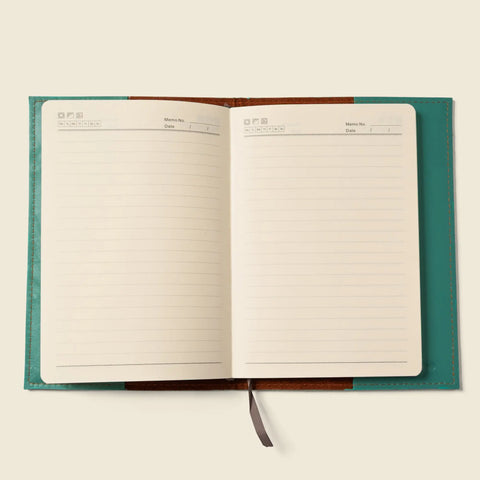 The CASUPO Refillable A5 Leather Notebook Cover – Teal includes lined pages with date and memo number sections, a teal inner cover, brown leather exterior, and ribbon bookmark.