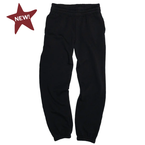 Relaxed Fit Fleece Sweatpants (Black) by Proudly USA, featuring an elastic waistband and cuffs. Shown on a plain background with a red “NEW!” star label—ideal for anyone seeking comfy, American-made style.