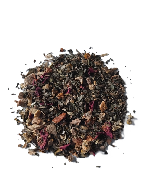 A pile of Forev'Herbs Relaxing Digestion Herbal Tea, a caffeine-free blend with visible dried leaves, herbs, petals, roots, and bark pieces on a white background—ideal for gentle digestive support.