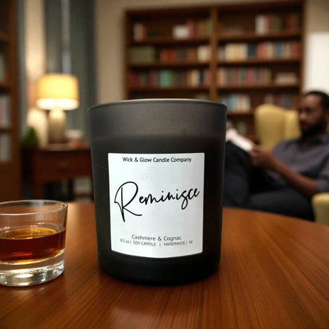 Reminisce Luxury 8.5 oz Soy Candle – Hand-Poured Scented Home Fragrance with Cognac & Tobacco Notes | Made in USA Wick and Glow Candle Company™  Candles