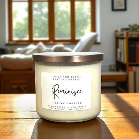 Reminisce –Cognac & Tobacco |  17 Oz  Luxury Soy Candle Wick and Glow Candle Company™  Candles