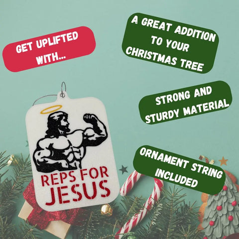 The Reps for Jesus Weightlifting Christmas Ornament by Chatelet Manufacturing is a festive Christian ornament featuring a muscular Jesus cartoon, hanging string, and holiday packaging—perfect for bodybuilding fans. Made in the USA.