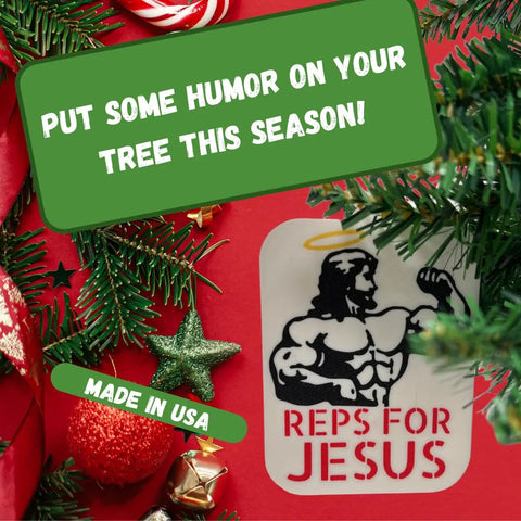 Add humor to your tree with Chatelet Manufacturing’s Reps for Jesus Weightlifting Christmas Ornament—a festive Christian ornament featuring a muscular, haloed Jesus. Proudly made in the USA!.
