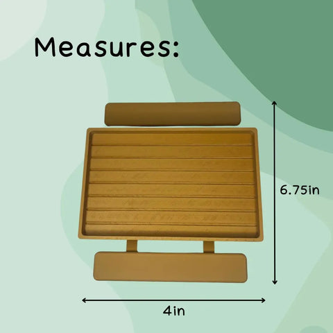 The REEFSHAPE Terrarium Picnic Table by Chatelet Manufacturing is a rectangular tan platform for reptiles, measuring 6.75 tall x 4 wide. Ideal accessory for bearded dragons, lizards, geckos, and more; shown with size arrows on a green abstract background.