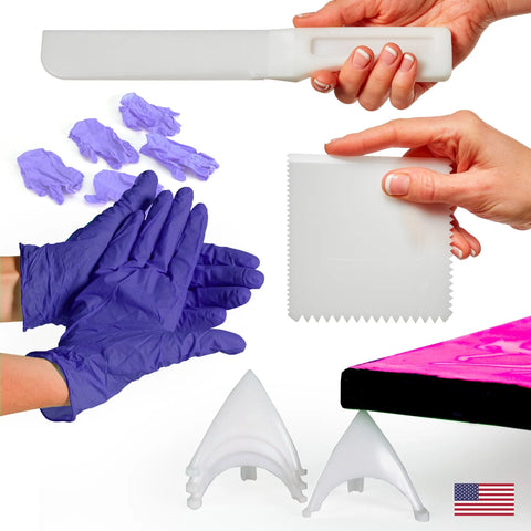 The ArtResin Accessory Kit by ArtResin includes a plastic spatula, serrated scraper, two white cake combs, purple disposable gloves (worn and unworn), and a small American flag in the corner for professional results.