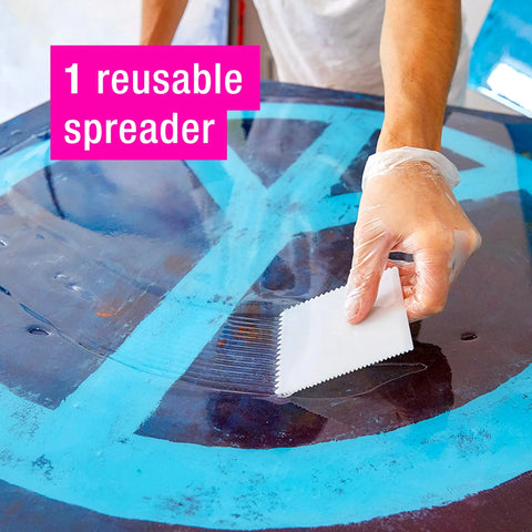 A gloved hand spreads resin on a round surface with ArtResins white, serrated reusable spreader—part of the ArtResin Accessory Kit. Pink text says 1 reusable spreader. Blue paint streaks are visible on the surface.