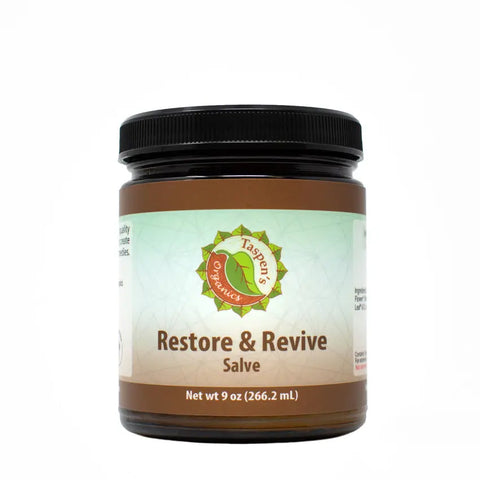 A 9 oz (266.2 mL) jar of Taspen’s Organics Restore & Revive Calming Salve with a black lid and brown label featuring the product name and brand logo—a natural skincare essential.