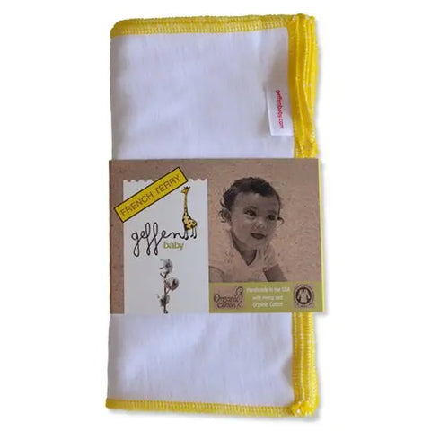 A folded white Geffenbaby Reusable Baby Wipes - Hemp/Organic Cotton French Terry, with yellow edges and a handmade in the USA label. The packaging shows a black-and-white photo of a smiling baby and notes its ideal for reusable baby wipes.