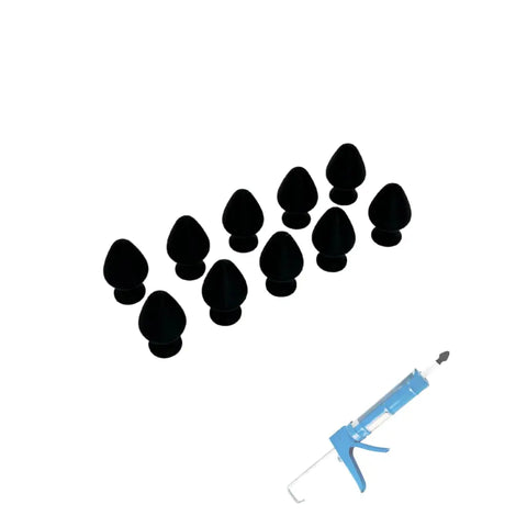 Ten black Chatelet Manufacturing Caulk Saver Plugs (10-Pack) are arranged in a triangle, with a blue caulking gun at the lower right. These USA-made reusable plugs help save and reuse caulk guns, preventing waste on a white background.