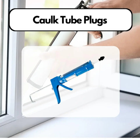 A person seals a window frame with a caulking gun as a blue Caulk Saver Plug by Chatelet Manufacturing is shown in front, emphasizing how these reusable plugs (10-Pack, Made in USA) prevent caulk waste. Caulk Saver Plugs appears at the top.