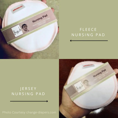 An image compares Geffenbaby Reusable Nursing Pads - Fleece (beige, top left) and Jersey (white, bottom right), both labeled and shown with packaging. Text highlights Fleece Nursing Pad and Jersey Nursing Pad.