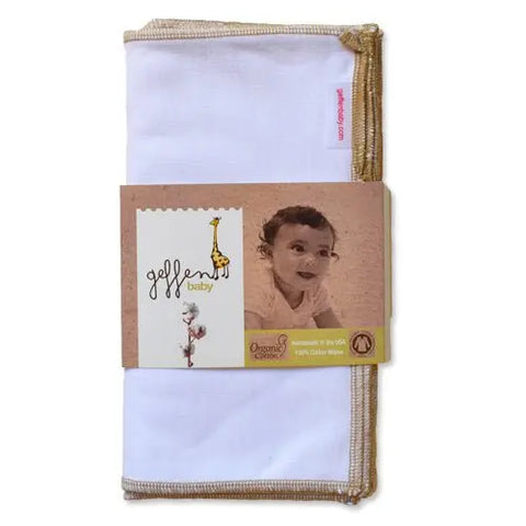 Reusable Baby Wipes High Quality Cotton by Geffenbaby feature soft white cotton with tan edging, packaged with a smiling baby and giraffe logo. Certified organic, these eco-friendly wipes are gentle for your little one and the planet.