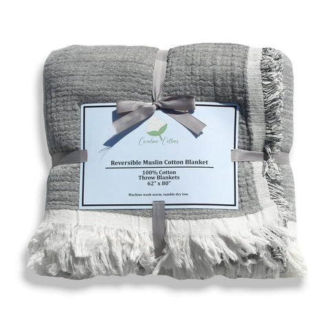 Reversible 100% Cotton Muslin Throw Blanket – Lightweight Breathable Bedding | Made in USA Carolina Cottons  Throw Blankets 60.00 Grey Ivory