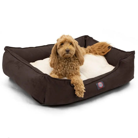 A small, fluffy brown dog is lying comfortably on the Majestic Pet Suede Contemporary Lounge Bed with cream-colored bedding, looking at the camera.