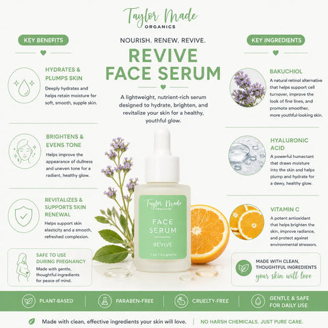 Revive Face Serum – 1oz Hydrating Botanical Blend with Bakuchiol and Hyaluronic Acid | Handmade in USA Taylor Made Organics  face serum