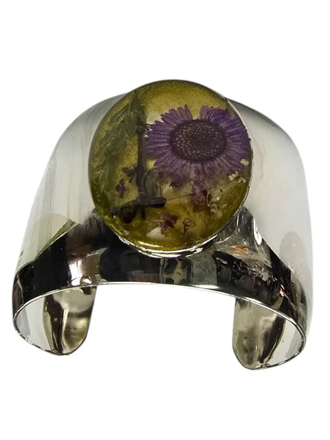 Rhodium Cuff Bracelet With Purple & Yellow Pressed Flower Centerpiece Michelle Marie Boutique  Bracelets