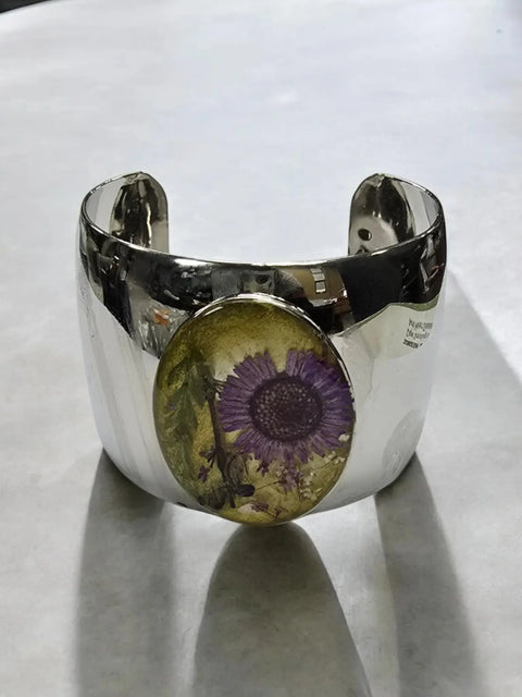 Rhodium Cuff Bracelet With Purple & Yellow Pressed Flower Centerpiece Michelle Marie Boutique  Bracelets