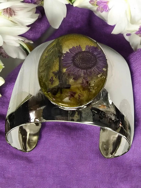 Rhodium-Plated Open Cuff Bracelet – Pressed Purple Yellow Flower Resin Accent | Made in USA Michelle Marie Boutique  Bracelets