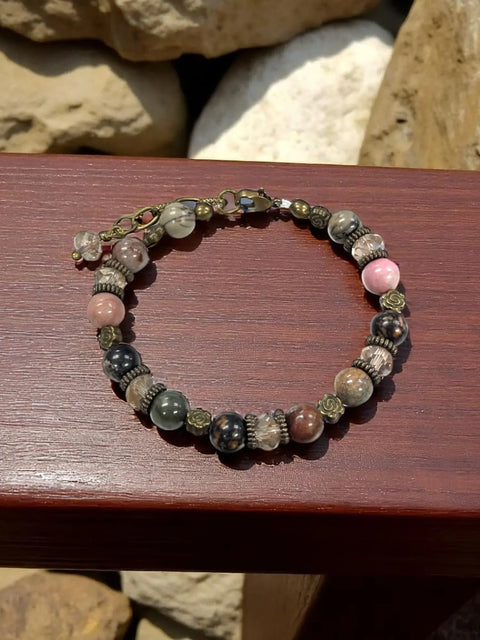 Rhodonite and Bronze Flower Bracelet With Crystal Accents Michelle Marie Boutique  Bracelets