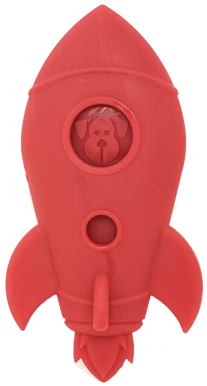 The SodaPup Rocket Ship Ultra Durable Nylon Dog Chew Toy is a red, rocket-shaped toy for power chewers, featuring fins, a bottom loop, and a top window with a cartoon dog face for added fun and toughness.