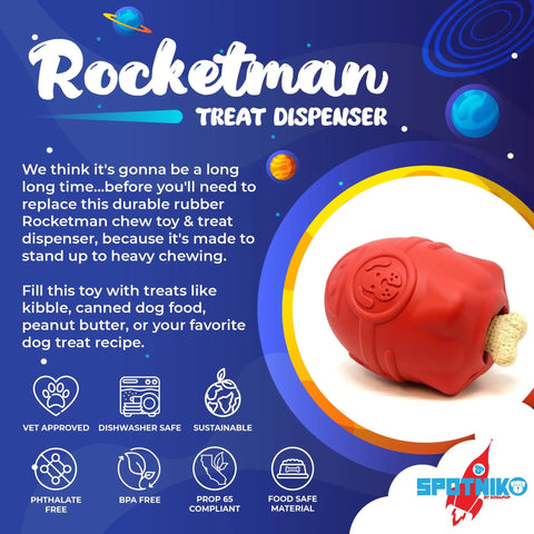 The Rocketman Durable Rubber Treat Dispenser & Chew Toy by SodaPup is shown on a white background with blue space-themed graphics, feature descriptions for dog owners, and icons for benefits like slow feeding and treat dispensing.