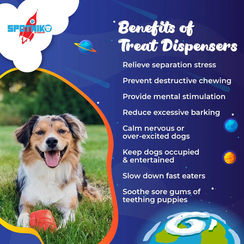 A happy dog sits on grass beside a list of Rocketman Durable Rubber Treat Dispenser & Chew Toy by SodaPup benefits: stress relief, prevents destructive chewing, mental stimulation, reduces barking, entertains, slows eating, and soothes teething puppies.