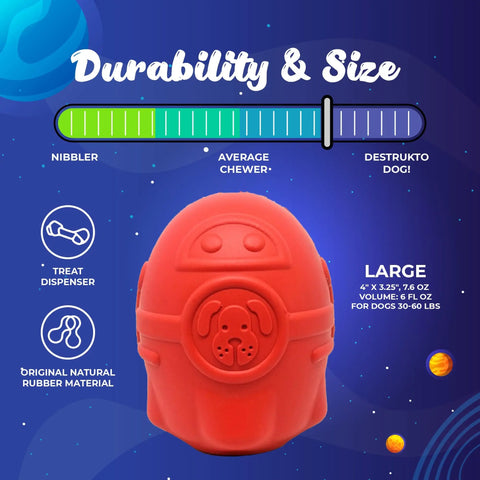 The SodaPup Rocketman Durable Rubber Treat Dispenser & Chew Toy, shaped like a red astronaut and made for large dogs (30-60 lbs), is featured on a blue space-themed background. Icons show its natural rubber, durable, and dispenses treats.