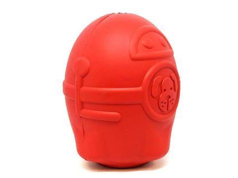 The SodaPup Rocketman Durable Rubber Treat Dispenser & Chew Toy is a red, egg-shaped toy with embossed lines and a cartoon dog face. It dispenses treats and withstands tough chewing to keep your pup entertained.