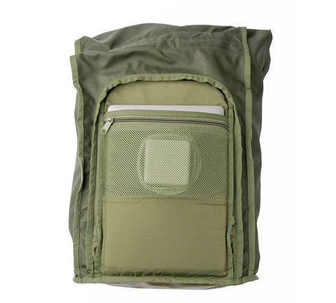 The MIS Roll Up Backpack in Woodland Camo is made from Cordura nylon, with a zippered mesh front pocket, rectangular patch, and heavy-duty YKK zipper. Shown partially open against a white background with a light item inside.