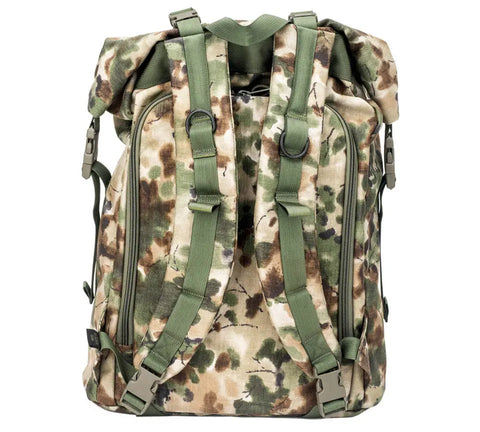 The MIS Roll Up Backpack - Covert Woodland features green straps and buckles, multiple zippers, and adjustable shoulder straps. With a 30L capacity, this Cordura nylon pack ensures rugged durability and ample storage for your essentials. Displayed on white.