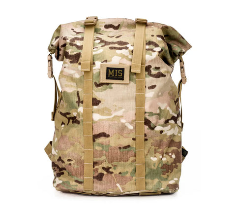 The MIS Roll Up Backpack - Multi Cam is a 30L camouflage Cordura Nylon backpack with tan straps, side buckles, a black MIS patch on the front, and a water-resistant roll-top closure for your laptop.