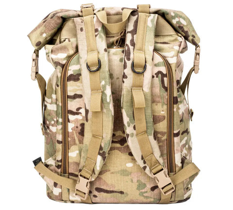 The MIS Roll Up Backpack - Multi Cam features a camouflage Cordura Nylon design, adjustable padded shoulder straps, and various clips, buckles, and zippers. Shown from the back against a white background.