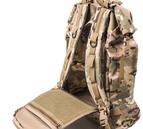 The MIS Roll Up Backpack - Multi Cam is a camouflage military-style Cordura Nylon bag with padded shoulder straps, multiple rings, a mesh pocket in the open back panel, water resistance, and a spacious 30L main compartment.