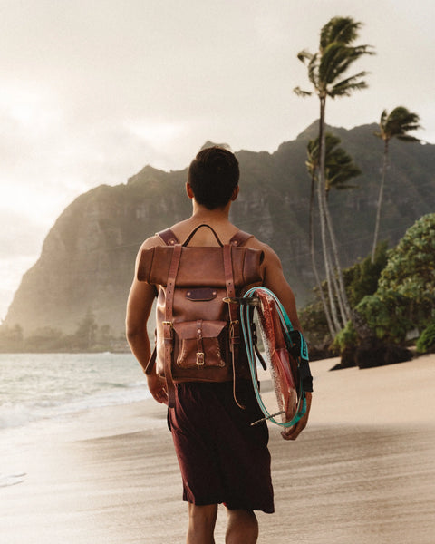 A man with an Urban Southern Rolltop Backpack and red shorts walks on a sandy beach carrying a surfboard, with palm trees, mountains, and the ocean in the background.
