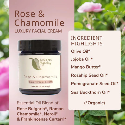 Taspens Organics Rose & Chamomile Luxury Facial Cream, an organic moisturizer ideal for sensitive skin, is shown with key ingredients and essential oil blend details on a gentle floral background with pink flowers and green leaves.