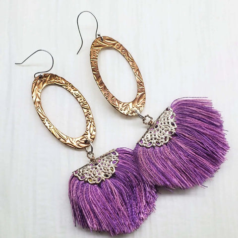 Rose Gold Filigree Tassel Earrings 3.5 Inch Copper Embossed Oval Design – Montana Artisan Jewelry | Made in USA Alexa Martha Designs  Earrings